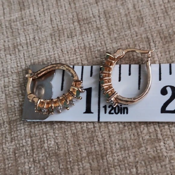 925 Silver Gold Plated Green Stone Marcasite Accent Hoop Earrings - Picture 4 of 7